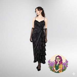 VTG 80s Black Floral Jacquard Tiered Prom Gown Rhinestone Straps Rosette Size 4